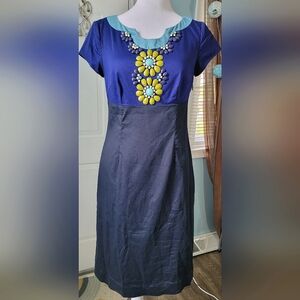 Boden Carmen Midi Dress Women's 4 Black Purple Color Block Sheath Embellished Ne